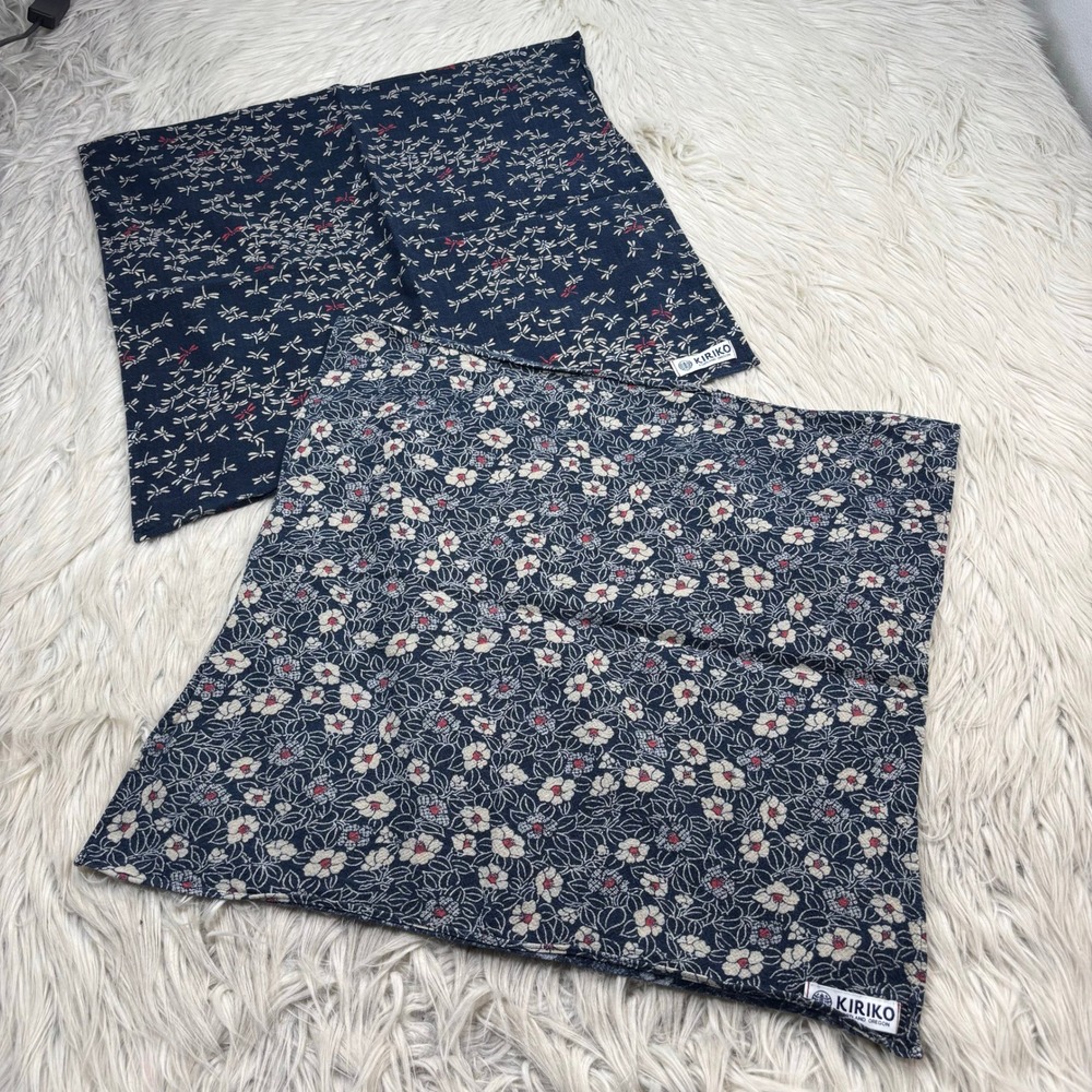 LOT 2 - Kiriko Portland Oregon Printed Cotton Bandanas Blue Floral Dragonfly